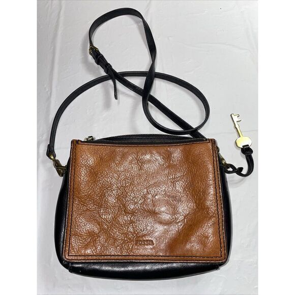 Fossil Campbell Brown Black Leather Small Crossbody Bag With‎ Key 7.5x6x2.5" - Picture 1 of 10